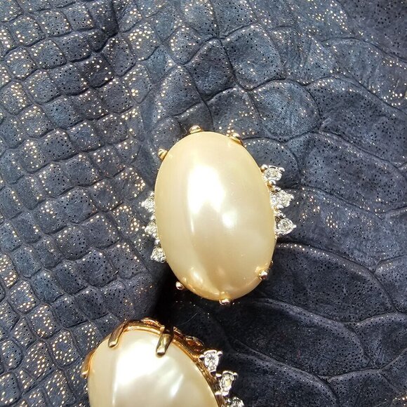 Vintage Gold Tone Clip-On Very Large Faux Pearl Earrings With Rhinestone Accents - Picture 2 of 10